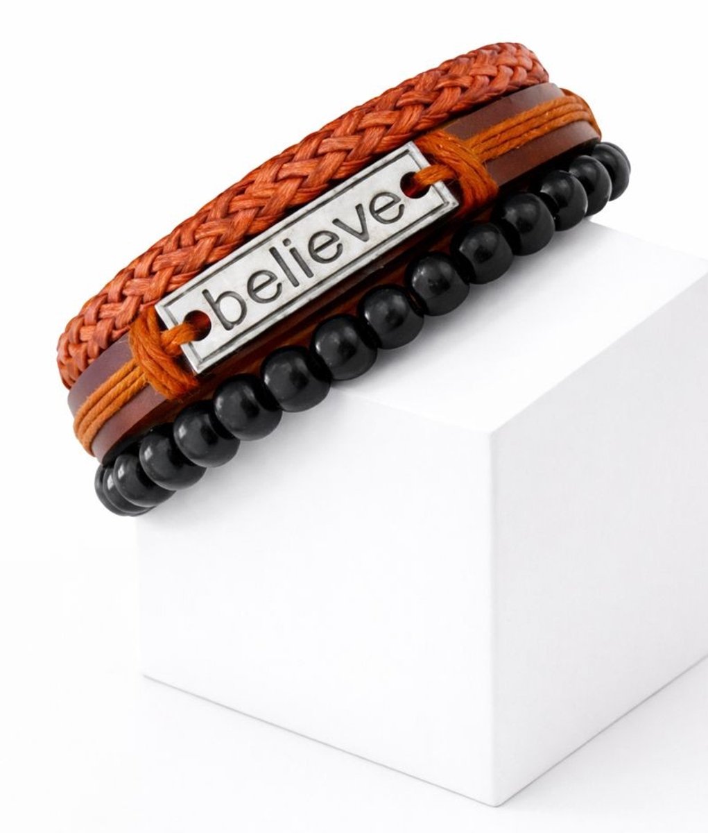 Goodz4All Believe Set Leren Verstelbare Armbanden Slip-Knoopsluiting - Lederen Armband - Cadeau Sinterklaas Kerst Verjaardag Valentijn Vaderdag