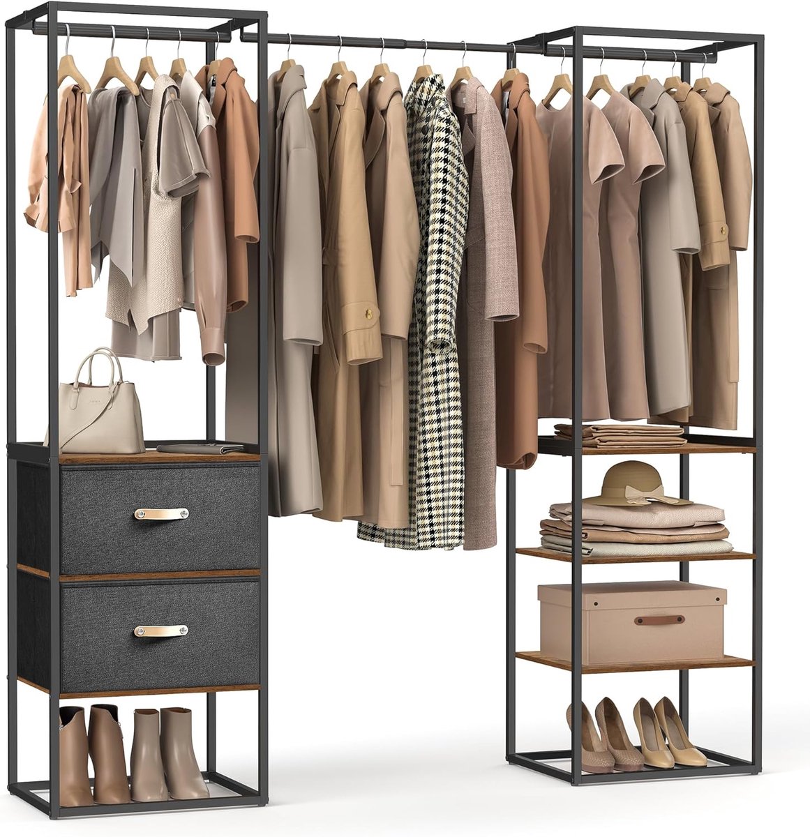 SONGMICS Kledingkast, open kast, massief kledingrek met 1 uittrekbare stang, 2 laden en 4 planken, voor slaapkamer, ruimtebesparend, rustiek bruin RGR003B01