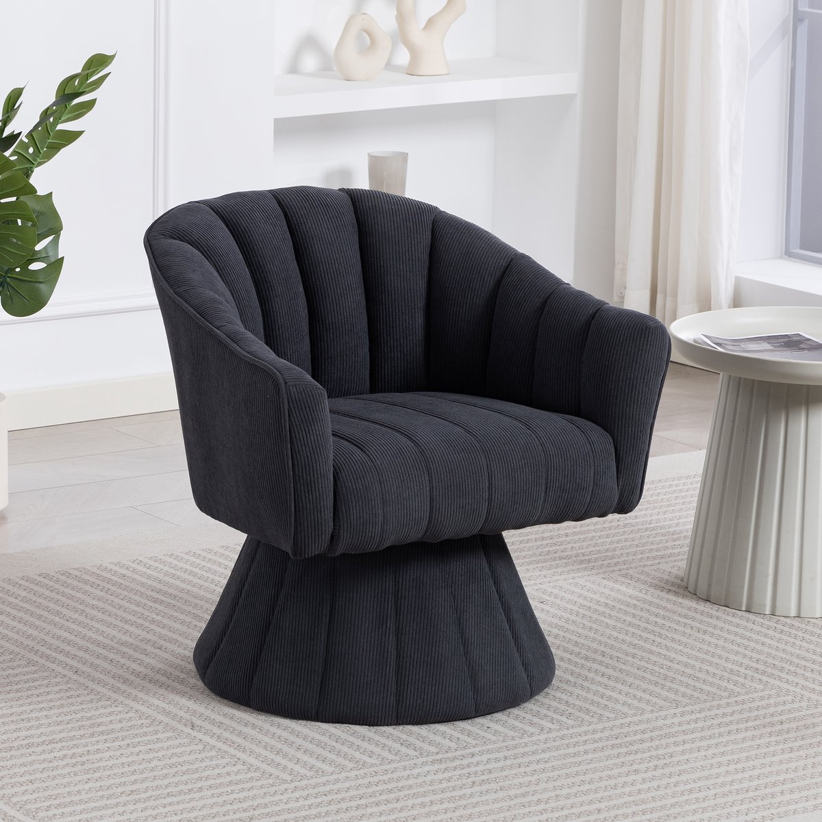 OKWISH Draaistoel 70 X 66 X 72 Cm - 360 Graden Draaibaar - Ergonomische Kuip Met Armleuningen - Voor Kantoor En Woonkamer - Ribfluweel - Donkergrijs Hout