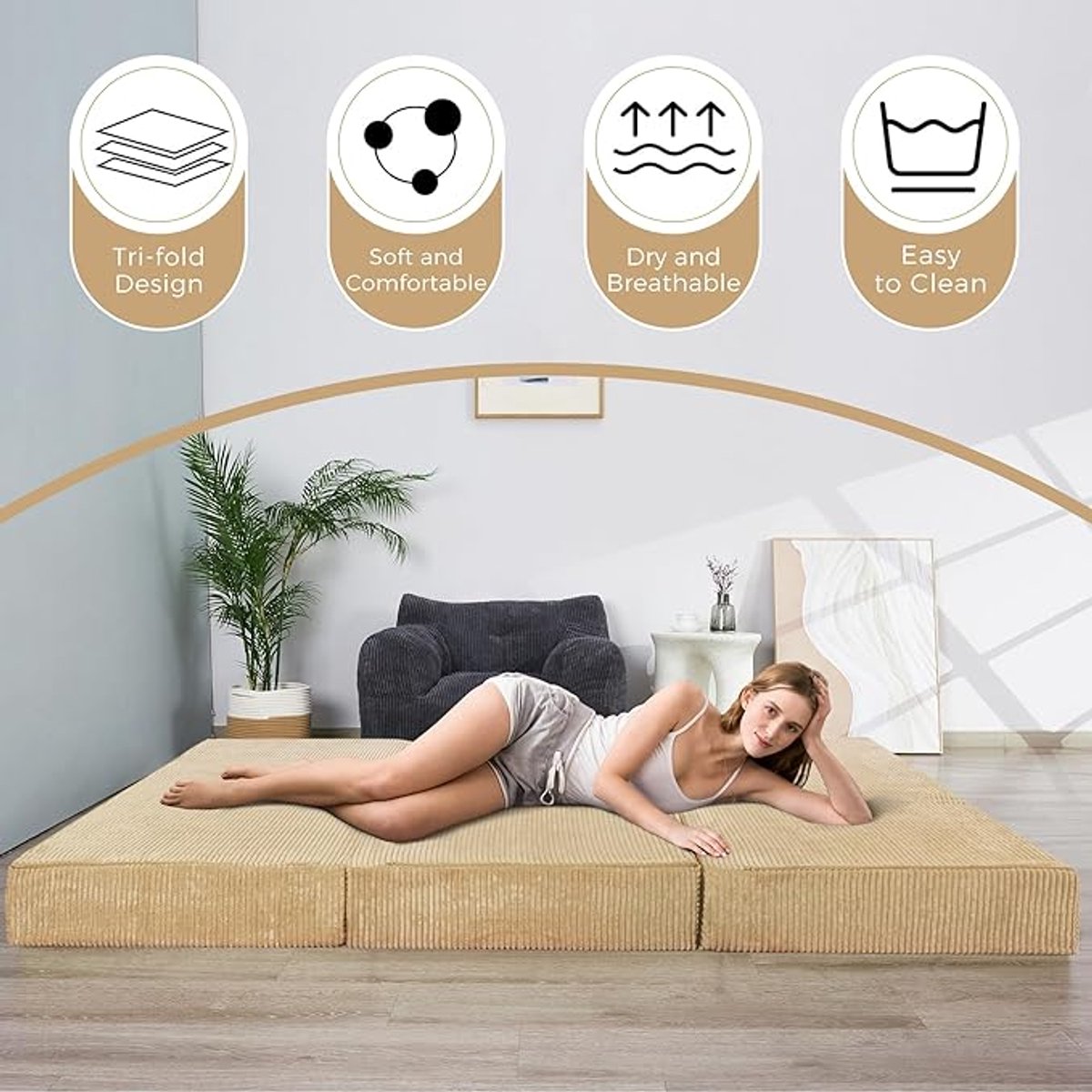 Gestoffeerd Bed 120x200 cm met LED Verlichting en Laadstation – Zwevend Bedframe met Opbergruimte, USB & Type-C, Eenpersoonsbed met Lattenbodem, Linnen Grijs – Pauwhome