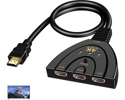 HDMI splitter - HDMI switch - 4K Ultra HD - 3 ingangen - 1 uitgang - HDMI Splitter - Hoge snelheid 3 poorten - Splitter 3-in-1-uitgang - geschikt voor tv, pc, Roku, Fire TV Stick, Xbox, PS5, PS4, Blu-Ray, projector, HD-monitor