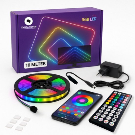 Evura Goods - Led strip - 10 meter - RGB - met afstandsbediening & telefoon app - dimbaar - smart LED light verlichting - Led-strips - timer en muziek modus - Led Lights - smart home verlichting