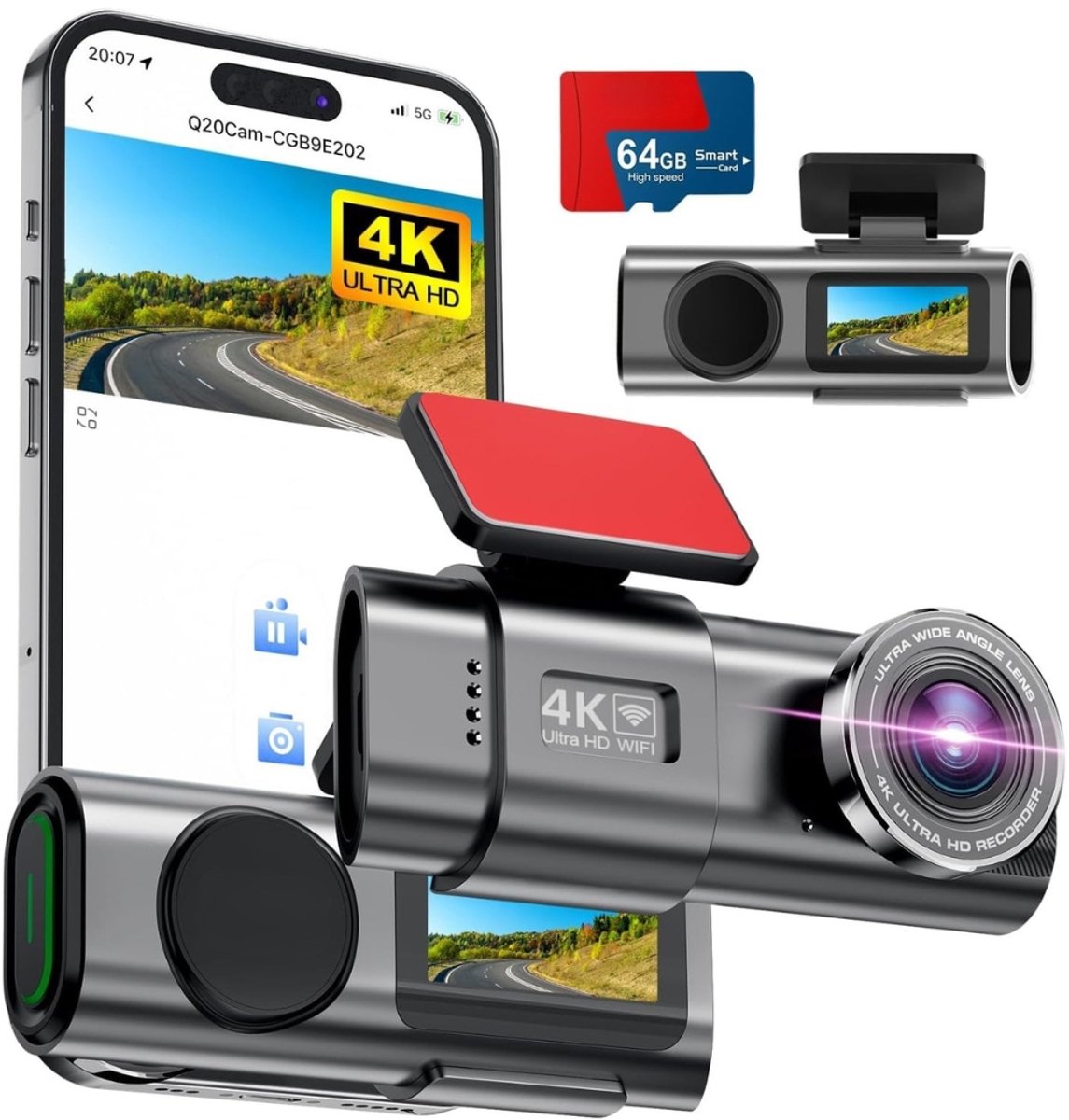 Dashcam voor in de auto, 4K dashcam voor met wifi, afneembare dashboardcamera, autocamera met 64 GB SD-kaart, 170° groothoek, G-sensor, WDR, super nachtzicht, 24U parkeerbewaking, loopopname
