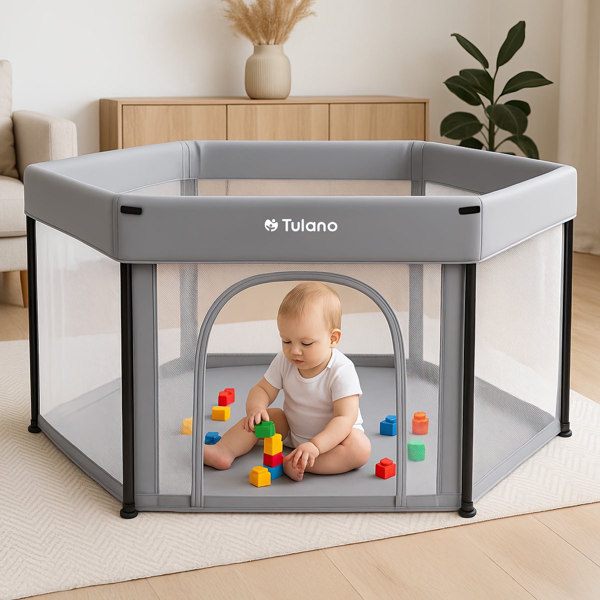 Tulano Cozy 30 - Grondbox - 125x125x66cm - Met draagtas - Inklapbare - Opvouwbare Baby Speelbox - zeshoek - voor binnen en buiten - ademend gaas - EN71 gecertificeerd - Grijs