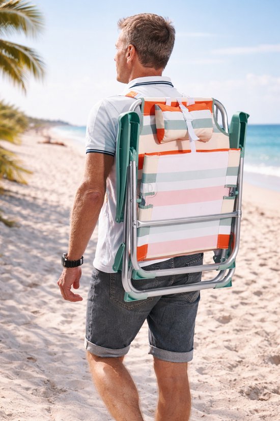 HEM Opvouwbare Campingstoel Voor Volwassenen - Lichtgewicht Aluminium Strandstoel - Verstelbaar Met Hoofdkussen - Lage Strandstoel Volwassenen - 110 Kg - Oranje Gestreept van HEM — afbeelding 3