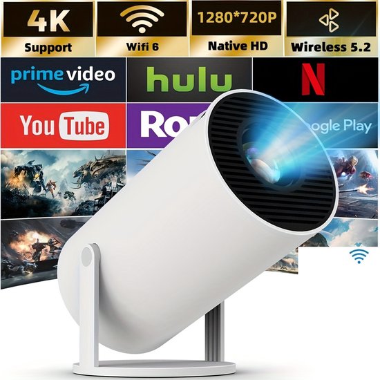 HD Smart Mini Projector HY300 Pro 720P Native, 4K Ondersteuning, Draadloos, Draagbaar, 180° Draaibaar