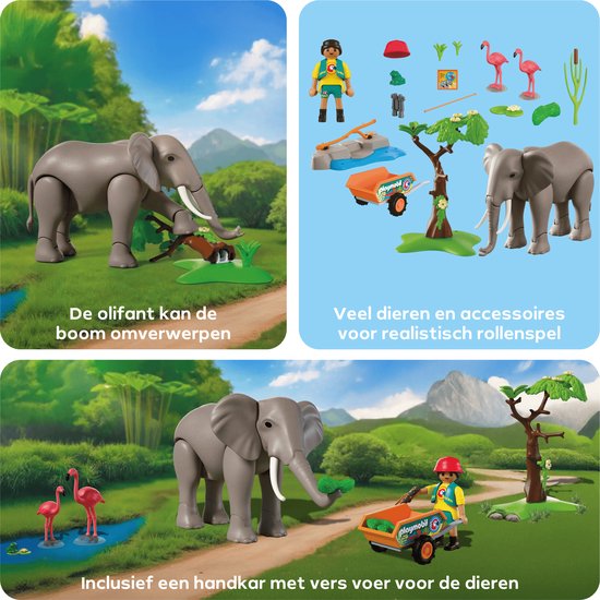 Drie afbeeldingen van PLAYMOBIL olifantenspeelsets: olifant en boom omwerpen, olifant met kruiwagen, en een olifantenset.