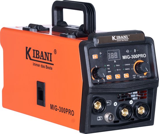 Oranje Kibani MIG-300PRO lasapparaat met draaggreep, gezien vanaf de zijkant.