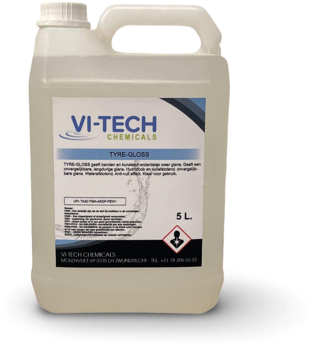 Vi-Tech Chemicals Tyre Gloss – 5 LTR - Bandenglans – Langdurige hoogglans – Waterafstotend – Verfraait banden & kunststof onderdelen