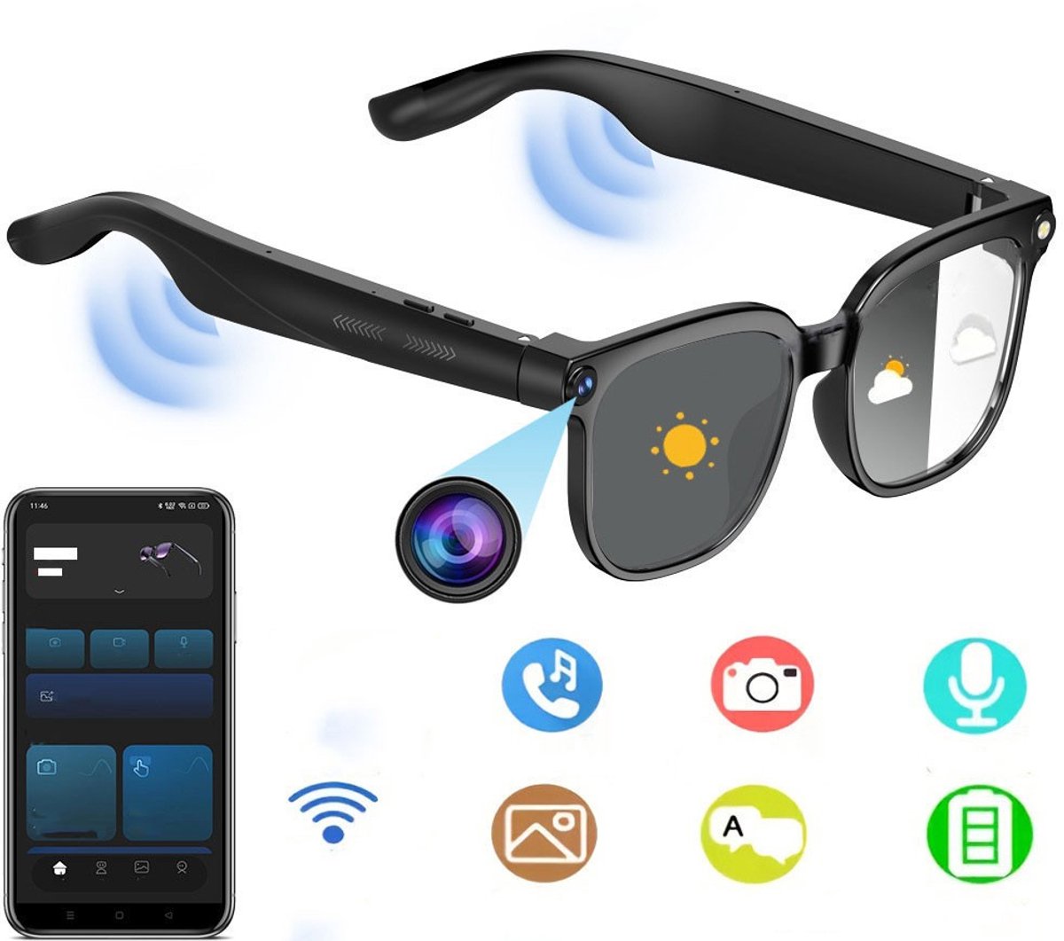 800W slimme bril met camera - HD-video-opname - AI-vertaler voor 160 talen - Bluetooth-audio - meekleurende lenzen en een duurzame batterij van 290 mAh - ideaal voor reizen - sport en buitenactiviteiten - Zwart - Brawdress