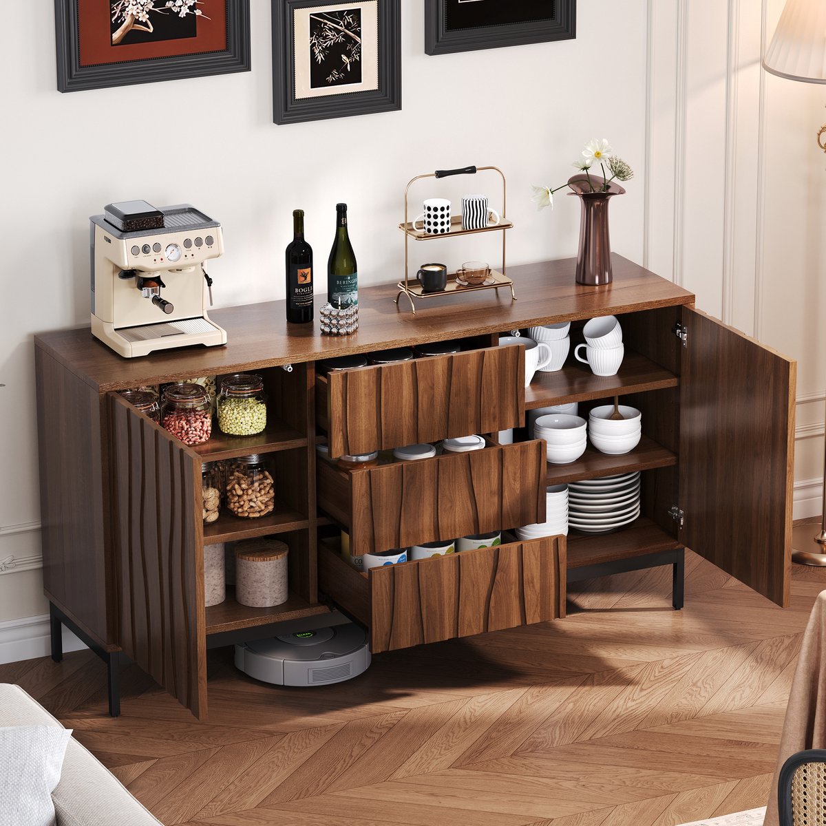 STILVORA Dressoir - Gesleufde Front Met 3 Laden En Verstelbare Planken - Voor Woonkamer Keuken En Hal - MDF - Donkerbruin - 150x40x80 Cm