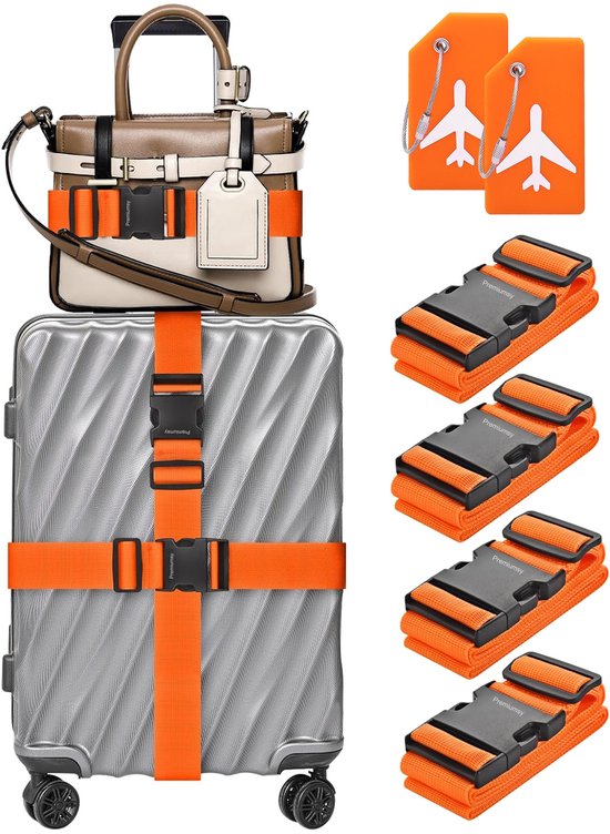 Premiumsy Kofferriem Met Kofferlabel - 6 Stuks - 4 Kofferband en 2 Bagagelabel - Bagageriem - Koffer Riem - Verstelbaar - Reisaccessoires - Oranje
