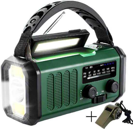 Groene noodradio met zaklamp en noodfluit met kompas. Krachtige powerbank voor noodgevallen.