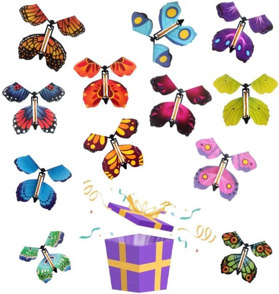 12x Vliegende Vlinders - 3D-vlinders - Magische Vliegende Vlinders - Rubberen Band Aangedreven Vlinder - Kleurrijke Vlinders - 12 Stijlen - Vlinderkaart voor Bruiloft, Valentijnsdag, Kerstmis, Decoratie - Geschenken