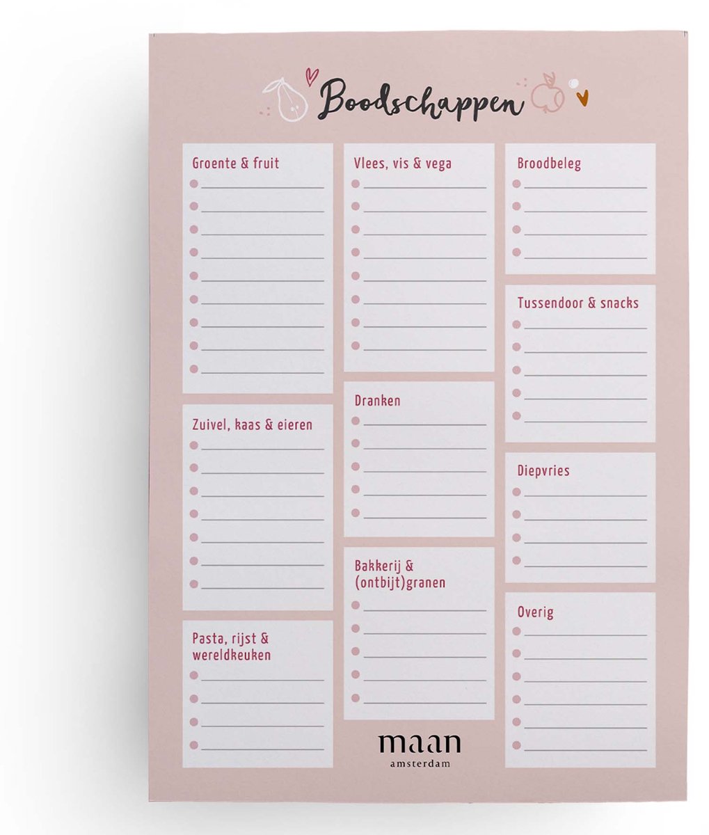 Maan Amsterdam - boodschappenlijstje - A5 - met categorieën - 50 afscheurbare vellen - roze