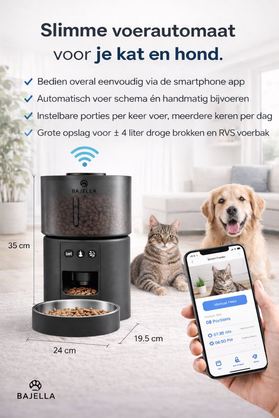 Bajella – Automatische Voerbak Kat met App – Voerautomaat Kat 4L – Kattenvoerautomaat met Camera & Timer – WiFi Voerdispenser – Geschikt voor Meerdere Katten – Zwart RVS