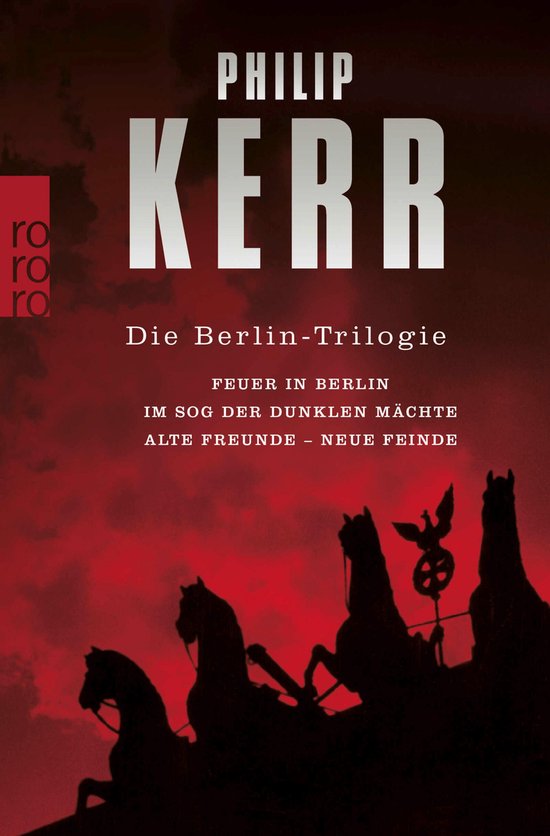 Boekomslag van 'Die Berlin-Trilogie' door Philip Kerr, met rode achtergrond en paardenkoets.