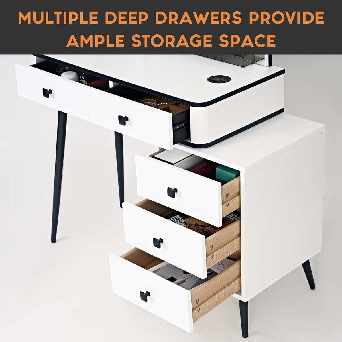 Kaptafel met Spiegel en Verlichting 78,7 x 40,6 x 132,1 cm – Luxe Make-uptafel met Oplaadstation, Lades en Kast – Modern Wit – Aurora Glow – Pauwhome
