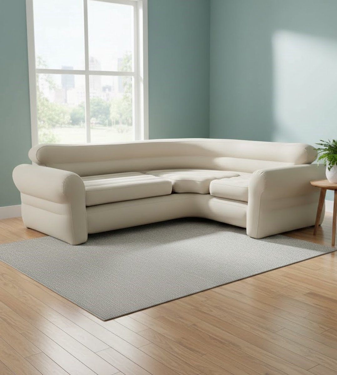 Luxe Opblaasbare Hoekbank – Comfortabele Beige Sofa met Uitneembare Kussens – 4-Zits Opbla