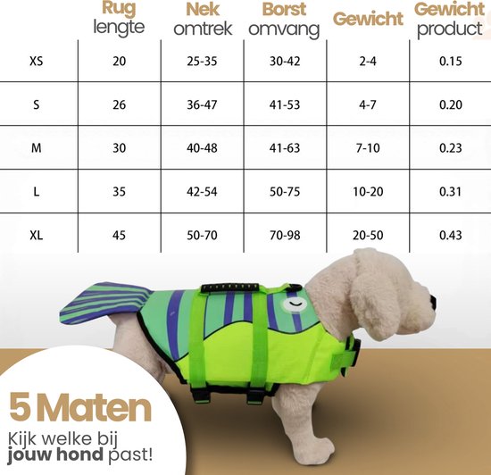 Labrador pup in groen en paars gestreept visvormig zwemvest, staand op bruine achtergrond, met maattabel.
