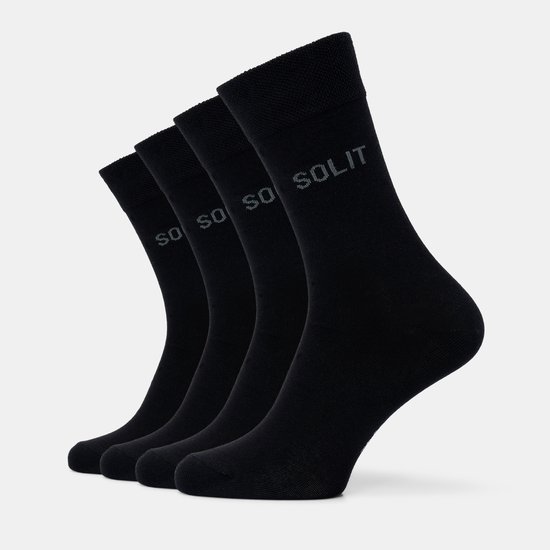 Vier zwarte SOLIT sokken op een rij, met het SOLIT logo.
