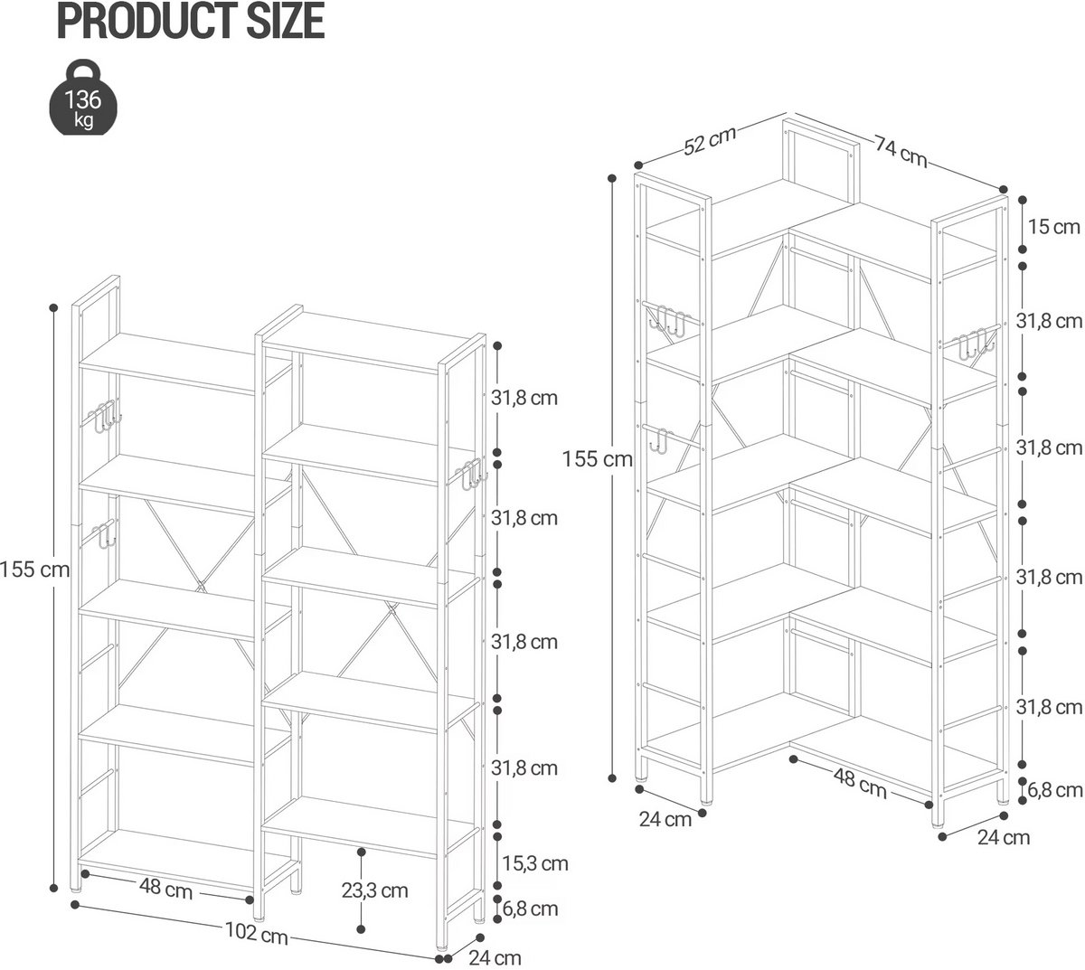 Naiz - Boekenkast - 6-laags - Industriële stijl - 24 x 102 x 185 cm - Bruin/Zwart