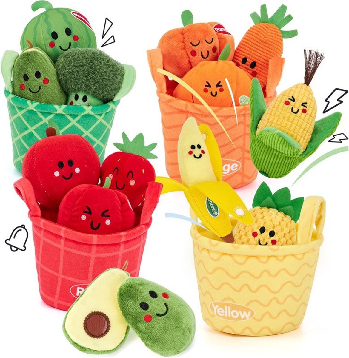 Montessori Zintuigelijke Speelset - 16 Stuks Zachte Fruit & Groente Speelgoed met Ritselgeluid voor Baby's 6-12 Maanden, Educatief Cadeau
