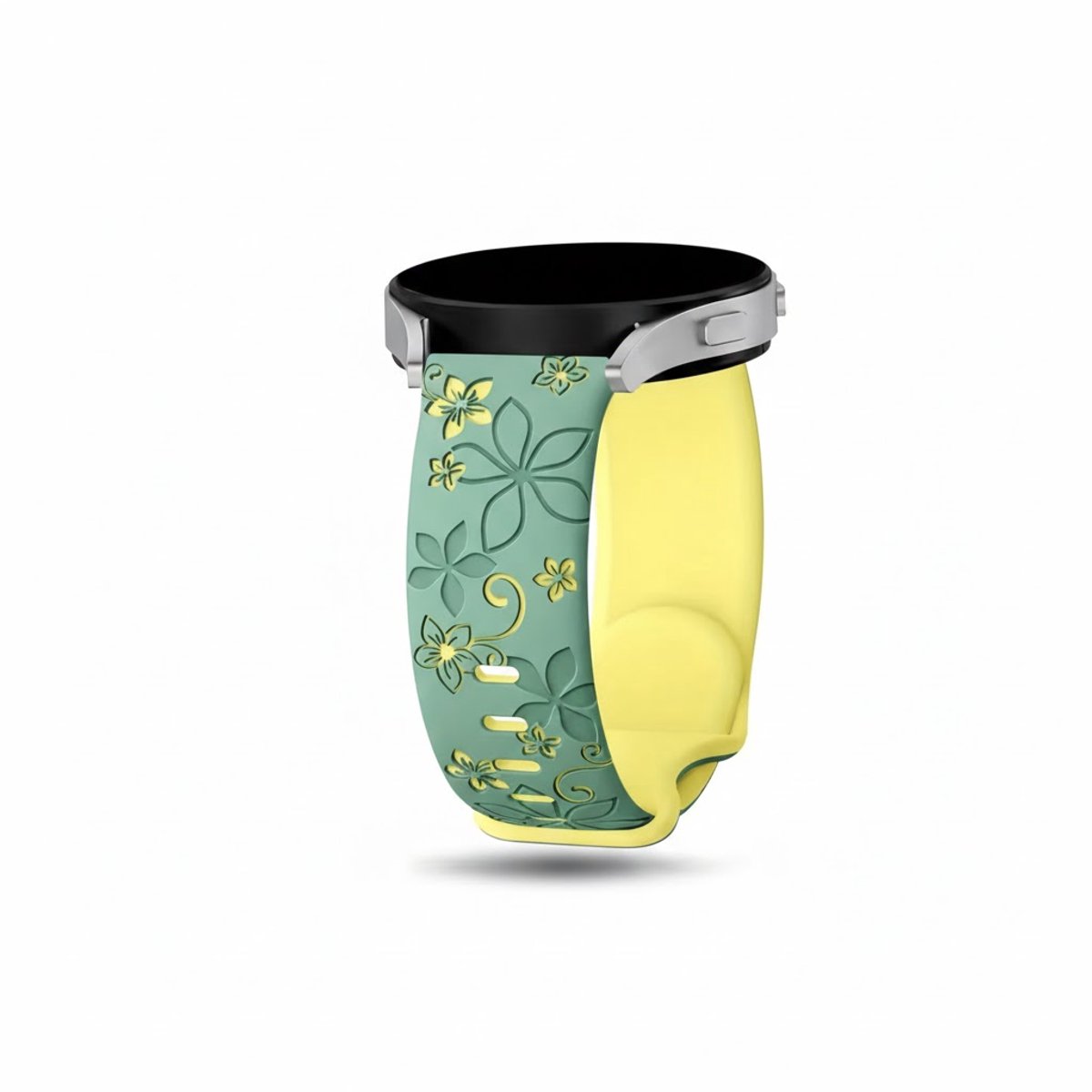 Groen geel silicone horloge band dames Geschikt voor serie samsung galaxy watch 7 / 6 / 5 / 5 pro / 4 / FE / ACTIVE / ACTIVE 2 20 mm horloge – bloemen patroon horlogeband – two tone floral engraved design