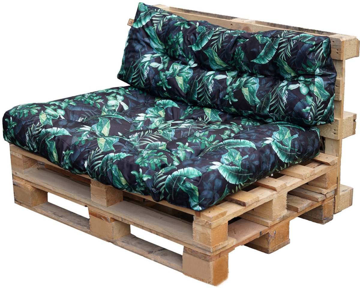 Blomster – Palletkussens set van 2 – Tuinkussens voor palletbank – Zitkussen 120x80x14 cm en Rugkussen 120x40x14 cm – Zwart met groene bladeren