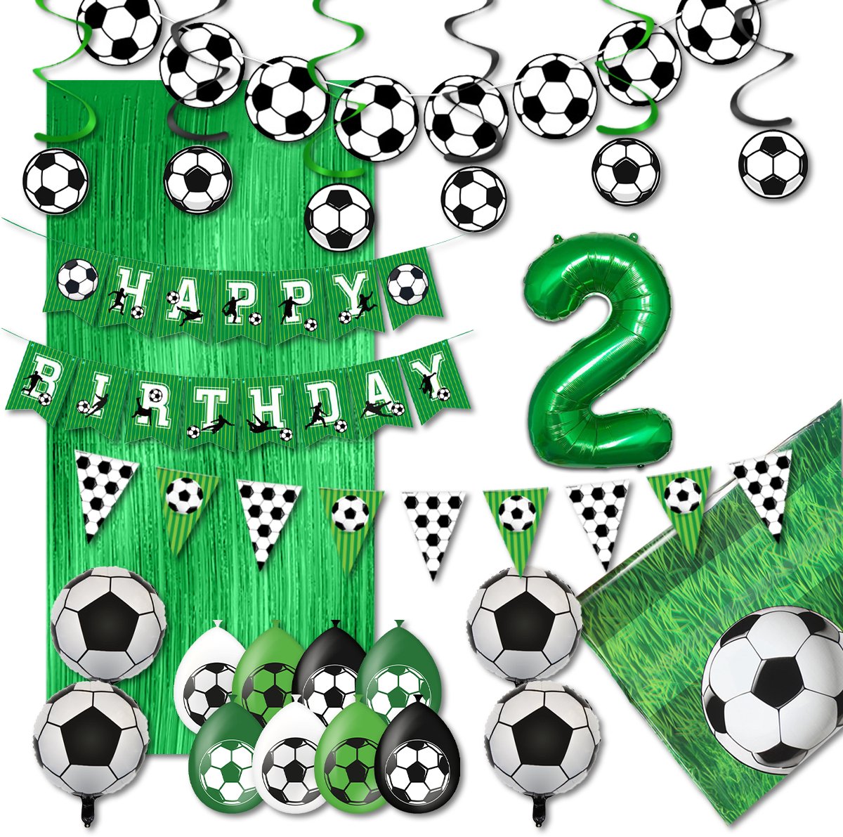 LUQ – Verjaardag 2 Jaar Voetbal Set – Groen-Zwart-Wit – Kinderfeest Football Decoratie – Birthday Versiering Pakket