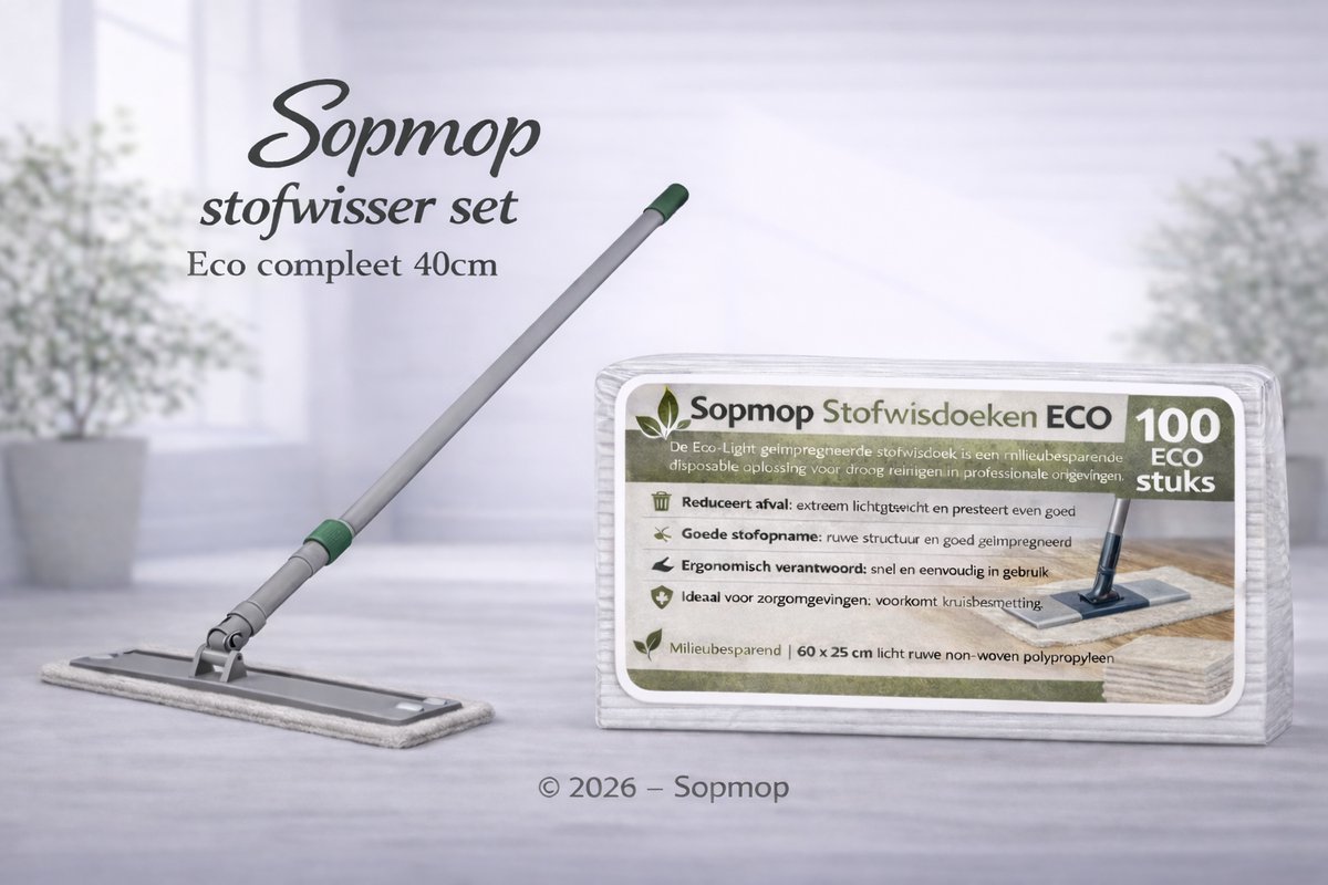 Sopmop Stofwisser Professioneel 40cm, Complete Set, Stofwis Houder met Schuimrubber Zool, Luxe Verstelbare Aluminium Telescoopsteel, 100 Eco Stofwisdoeken