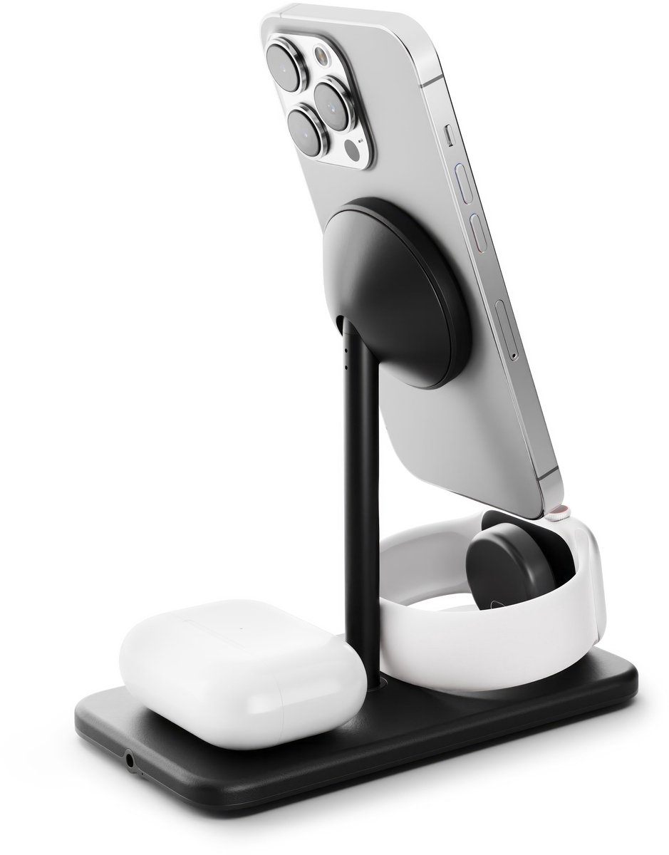 Twelve South HiRise 3 Deluxe 3-in-1 Draadloze Oplader – 15W Qi2 Magnetische Oplader – Snelle Oplader voor Apple Watch – 5W Draadloze Oplader Compatibel met AirPods - Zwart