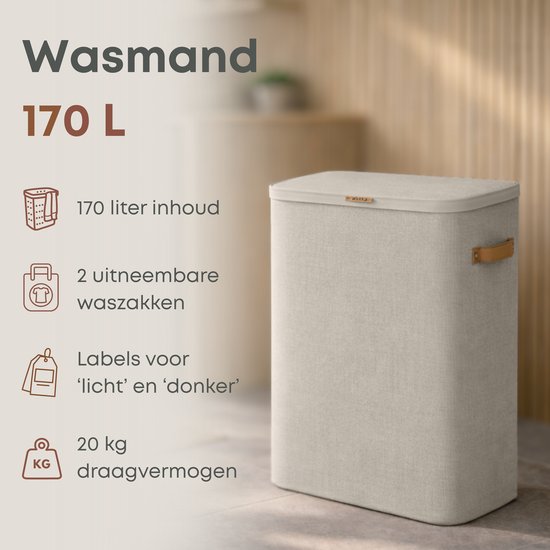 Panier à linge ACAZA avec couvercle - 2 compartiments - 170 L - 56 x 40 x 75 cm - Beige