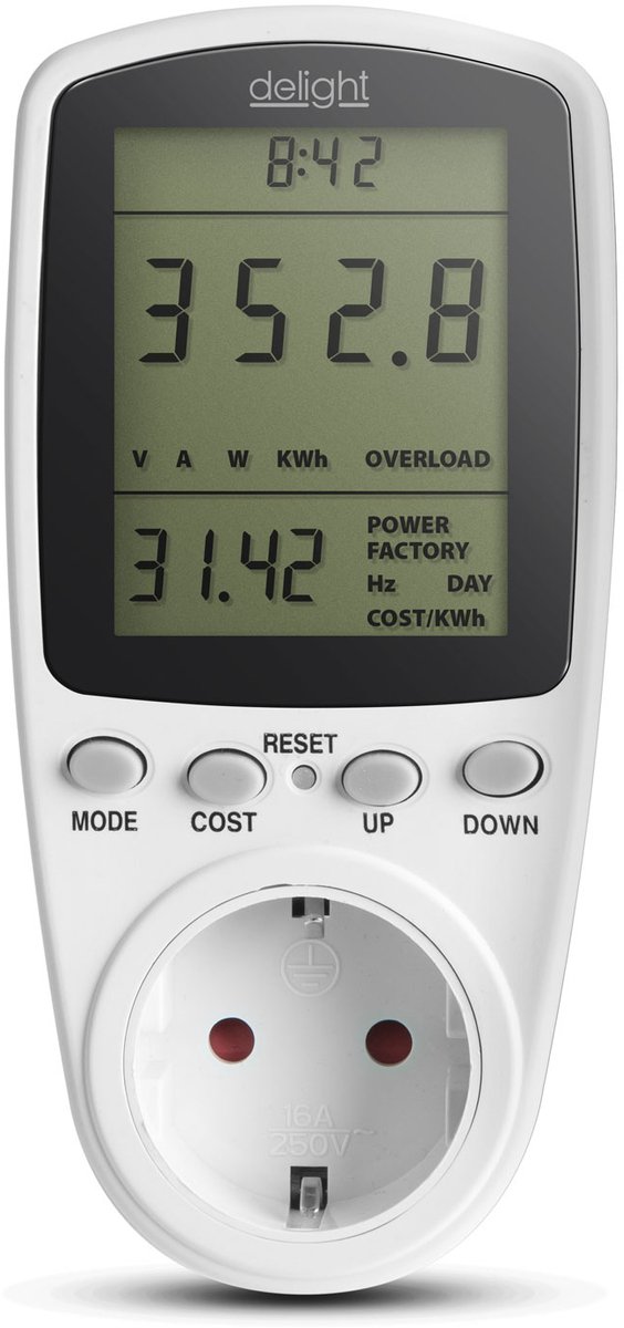 Energieverbruiksmeter - Stroommeter met Kostencalculatie - LCD Display - Meet Spanning, Stroom, Frequentie & Vermogen - 16A / 3680W - Geheugenfunctie bij Stroomuitval - IP20 - Wit - Voor Huishoudelijke Apparaten & Energiebesparing [20296B]