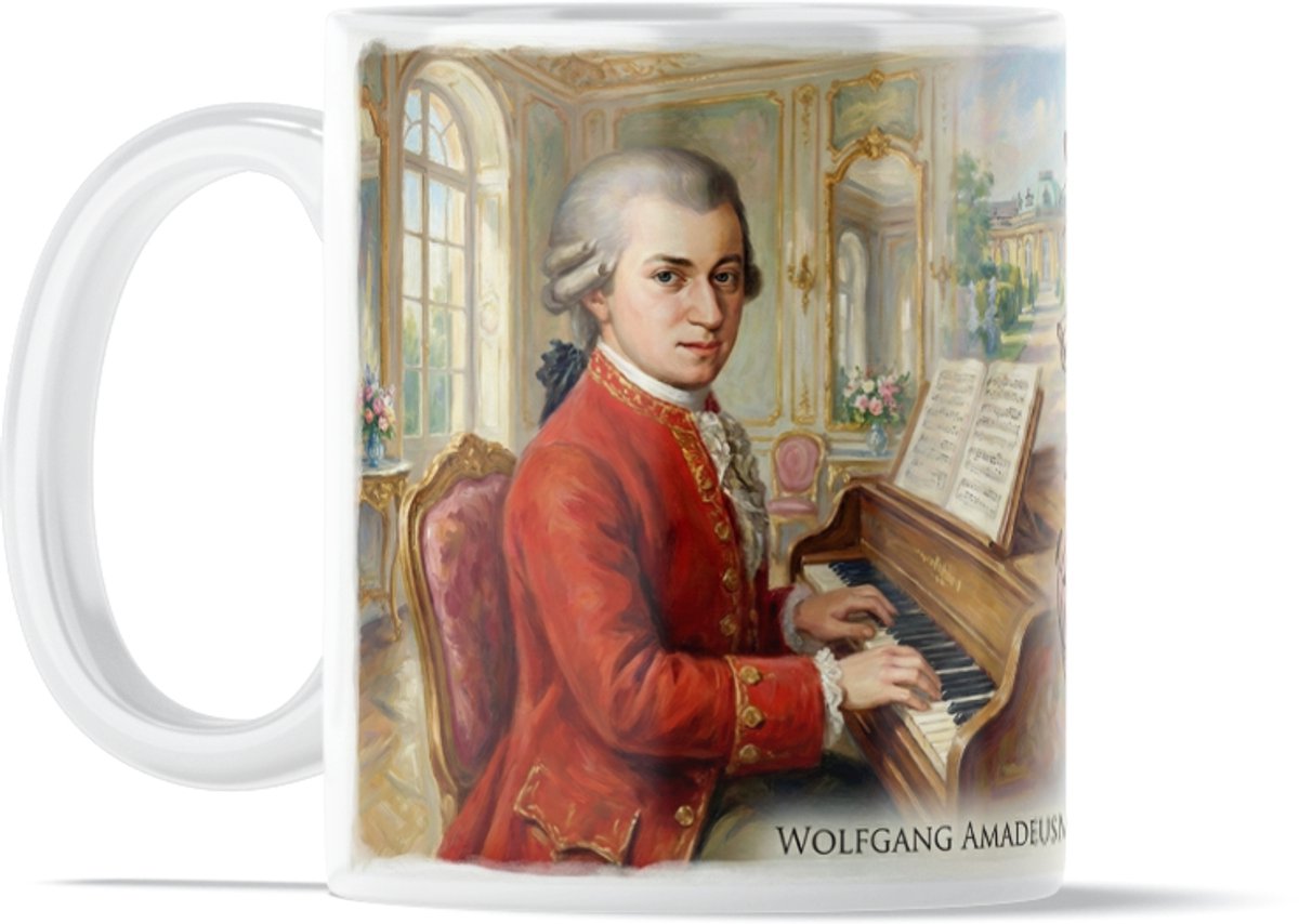 Design Mok "Wolfgang Amadeus Mozart" Quote: "De muziek zit niet in de noten" - Uniek Muziek Cadeau voor Musicus, Componist, Pianist & Muziekliefhebber - Muzieknoten en Instrument Viool en Dwarsfluit - Stijlvol Klassieke Muziek Cadeau voor Inspiratie