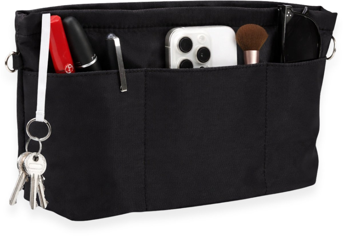 Ultiluxe® Tasorganizer - Zwart - Binnenzak voor in een schoudertas of handtas - Met vakken - 23 x 17,5 x 8 cm - Waterdicht met sleutelhanger en ritssluiting - Hoogwaardig nylon materiaal - Duurzaam