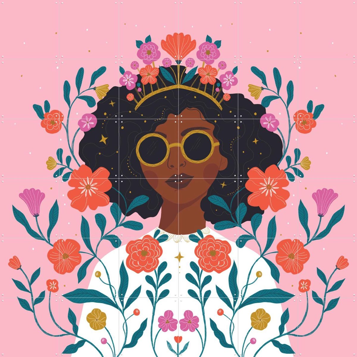IXXI Flower Girl, Bethan Janine - 120 x 120 cm - Gratis ophangtool - Grote wanddecoratie en posters - Illustraties, Kleurrijk, Speels, Grafisch