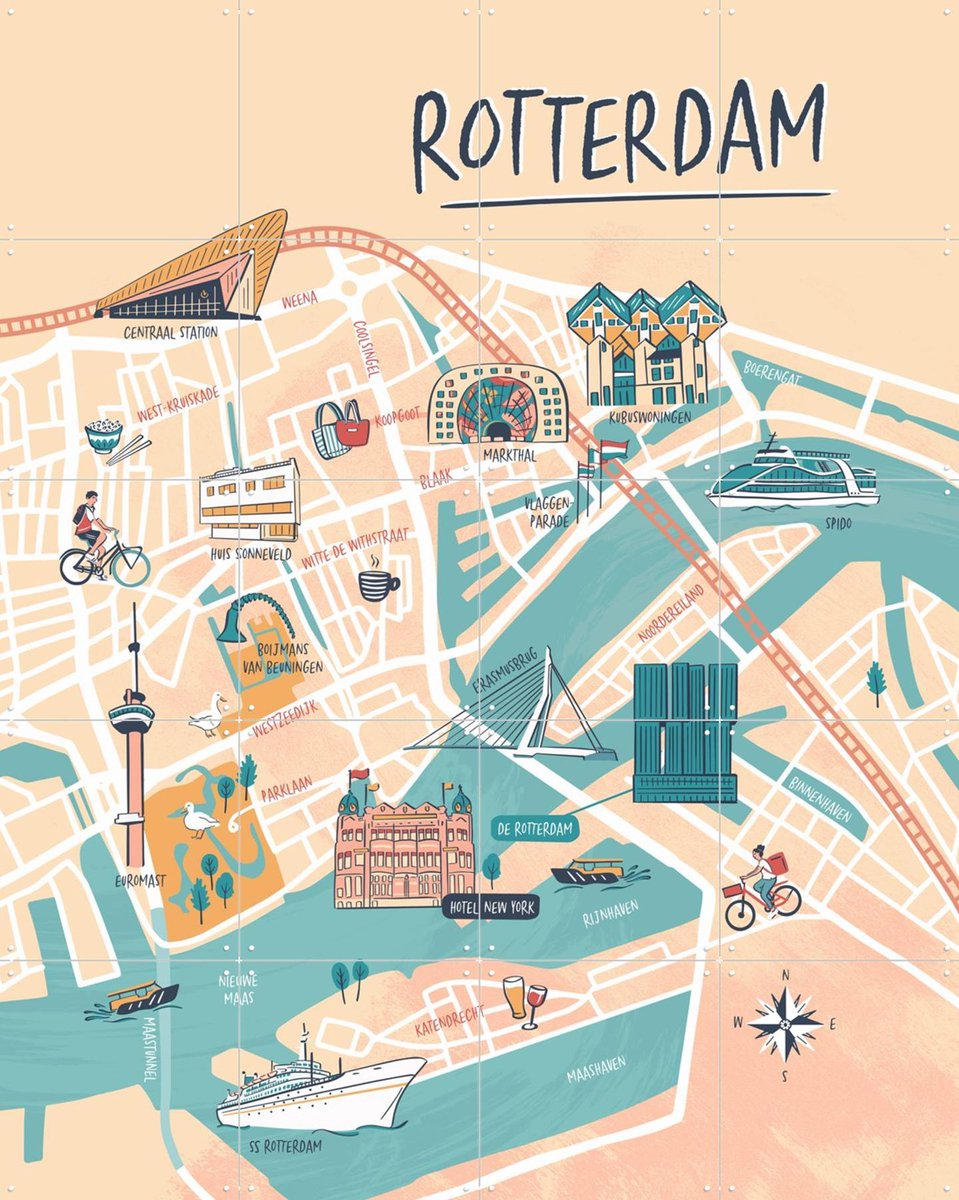 IXXI Rotterdam Illustration, Revista Ontwerp & Kunst in Kaart - 80 x 100 cm - Gratis ophangtool - Grote wanddecoratie en posters - Speels