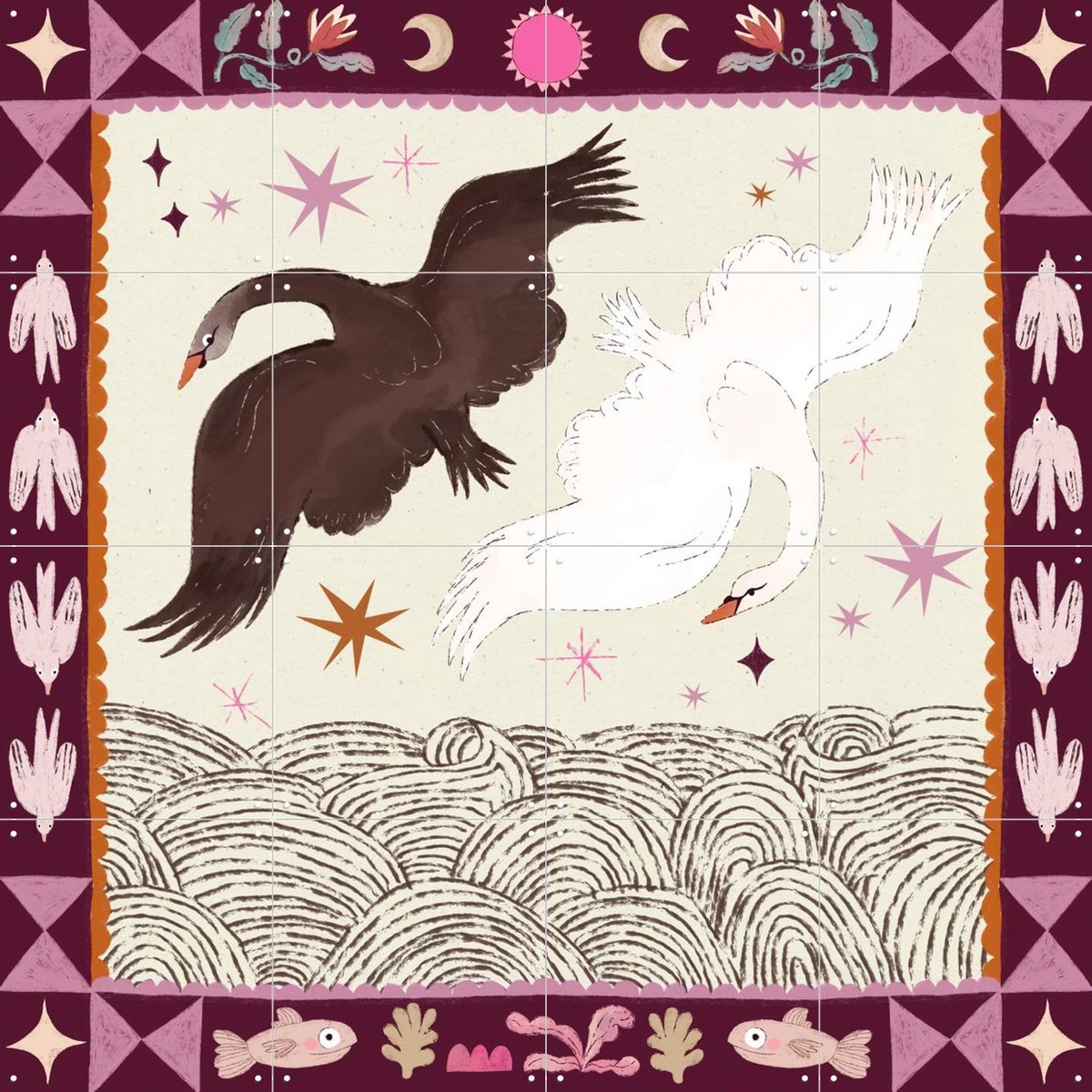IXXI Swans, Lena Addink - 80 x 80 cm - Gratis ophangtool - Grote wanddecoratie en posters - Grafisch Ontwerp, Kleurrijk, Fantasierijk, Minimalisme