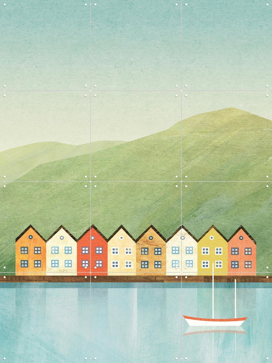 IXXI Colorful Houses - Bergen, Henry Rivers - 60 x 80 cm - Gratis ophangtool - Grote wanddecoratie en posters - Illustraties, Minimalisme, Kleurrijk