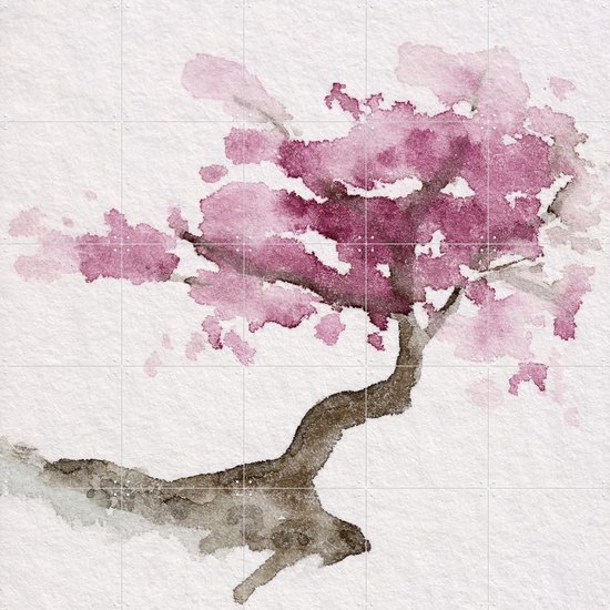 Image détaillée d'une aquarelle d'une branche avec des fleurs de cerisier roses sur fond blanc.