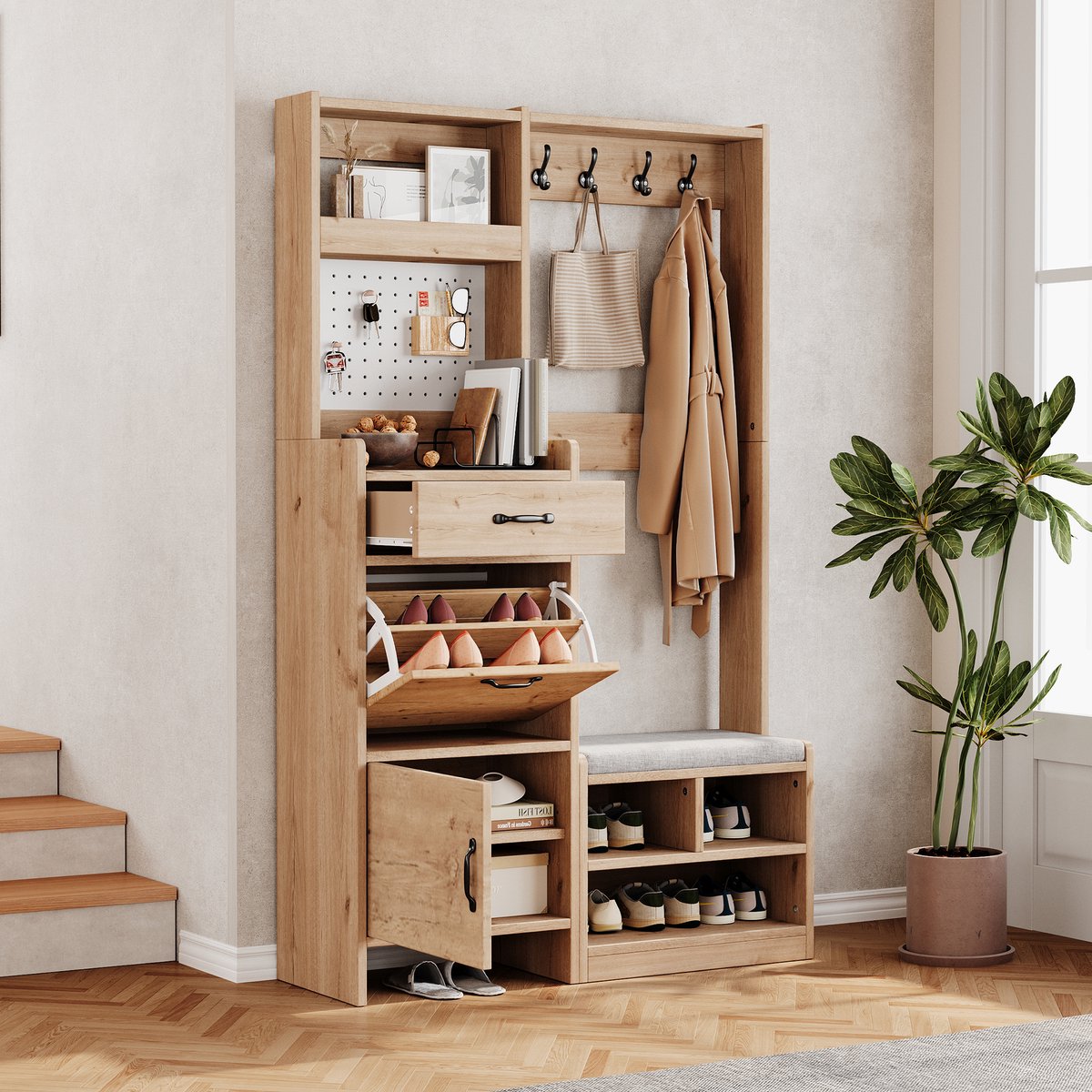 Kleding- en hoedenset - wandgarderobe met schoenenbank - ganggarderobeset met 4 haken - 1 lade en 2 deuren - houtkleur - 108,5x35x180 cm