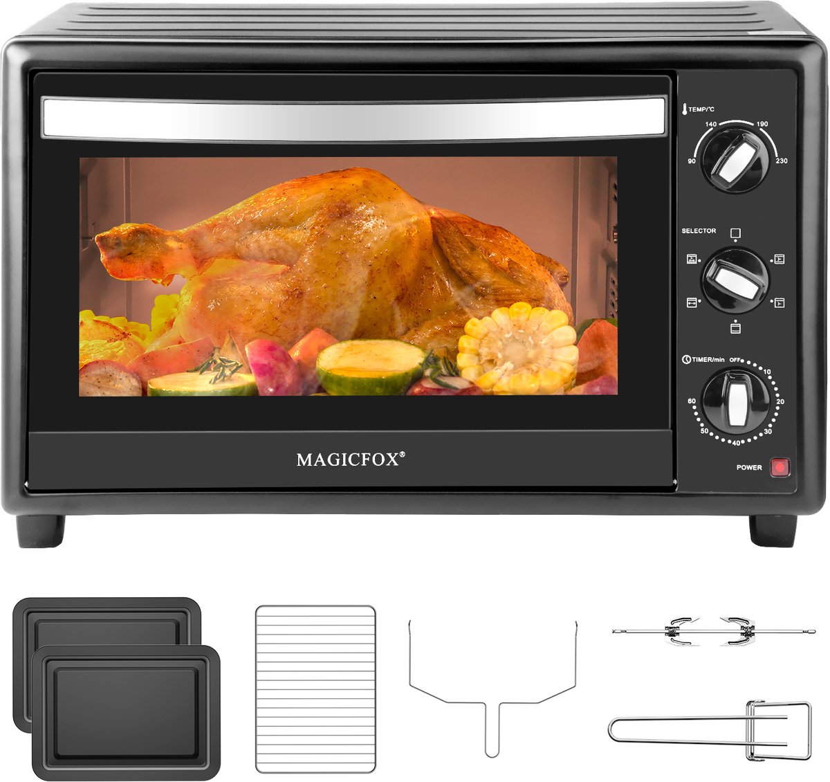 Magicfox Elektrische Oven-48L-Vrijstaande ovens-1800W-Heteluchtoven-6 Standen-Automatische uitschakeling-Zwart