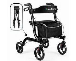 Medzone Rollator Lichtgewicht en Opvouwbaar - Binnen en Buiten - Zitfunctie - Rugleuning en Wandelstok Houder - Zwart