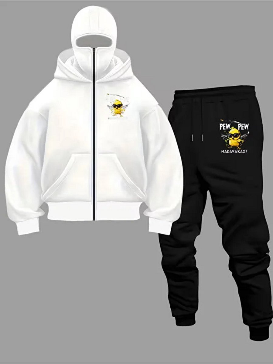 Trendy Streetwear Unisex Hoodie en Joggingbroek Set met Cool Cartoon Design en Comfortabele Pasvorm - Wit Zwart - L-XL