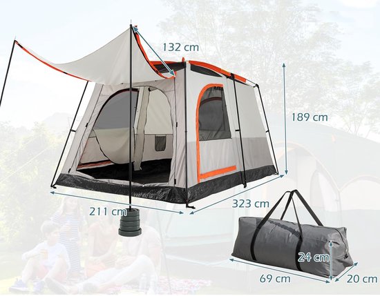 KOMFOTTEU Campingtent voor 4-6 personen, strandtent met voortent, waterdichte tunneltent met gaasramen en ingangen, dubbellaagse familietent met draagtas, voor kamperen en trekking van Merkloos — afbeelding 3