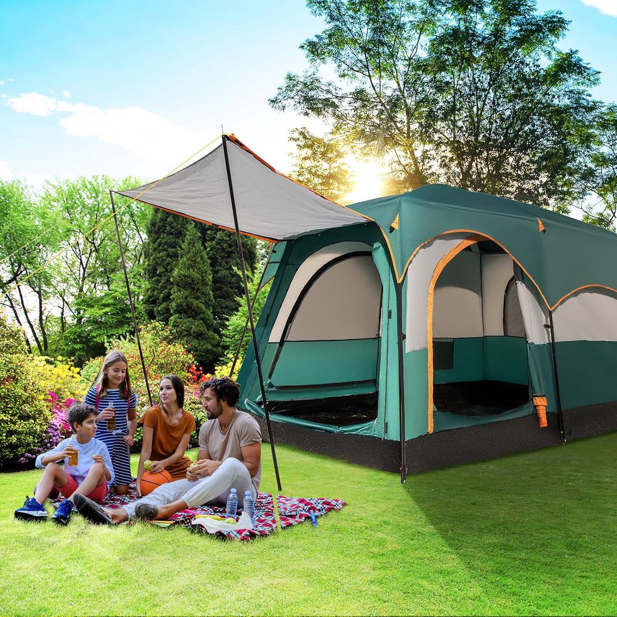 KOMFOTTEU Campingtent, waterdicht, voor 4-6 personen, tunneltent, groot met 3 ingangen en voortent, koepeltent, groepstent, familietent, draagbaar met opbergtas, tent, outdoor, voor reizen, trekking en – foto 2