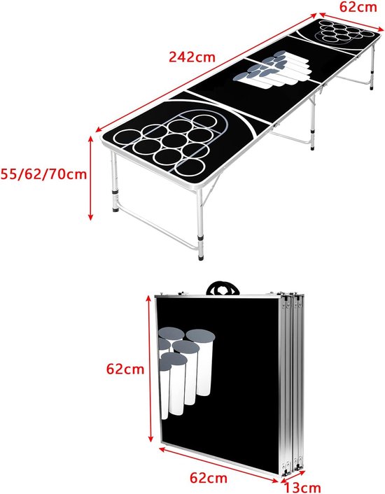 240x60x70cm Beerpong Tafels van Aluminium in Hoogte Verstelbaar, Campingtafel met 50 Rode Bekers + 50 Blauwe Bekers + 5 Witte Ballen, Inklapbare Bierpong Feesttafel voor Drinkspellen/Kaartspel, NAIZY van Merkloos — afbeelding 2