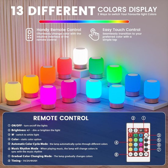 Nachtlamp met Touch & Afstandsbediening - 13 RGB Kleuren 6-Niveau Dimbaar - Oplaadbaar Draadloos van Merkloos — afbeelding 2