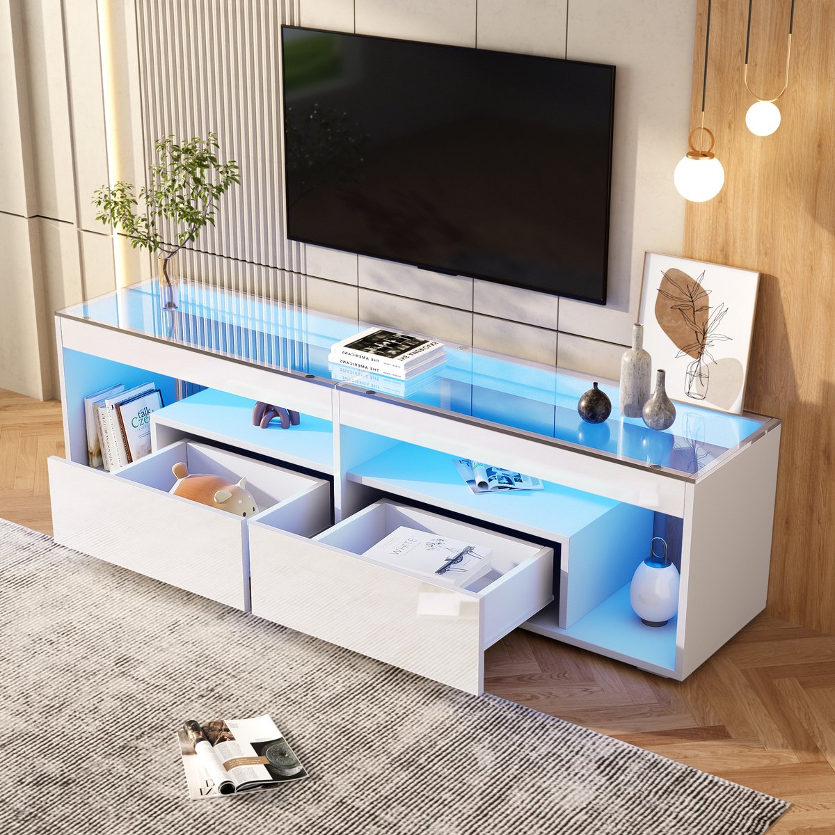 FloraGrace Tv Meubel - Hoogglans Wit Met LED Verlichting En 2 Lades - Voor Woonkamer En Slaapkamer - Spaanplaat En Gehard Glas - 180 Cm